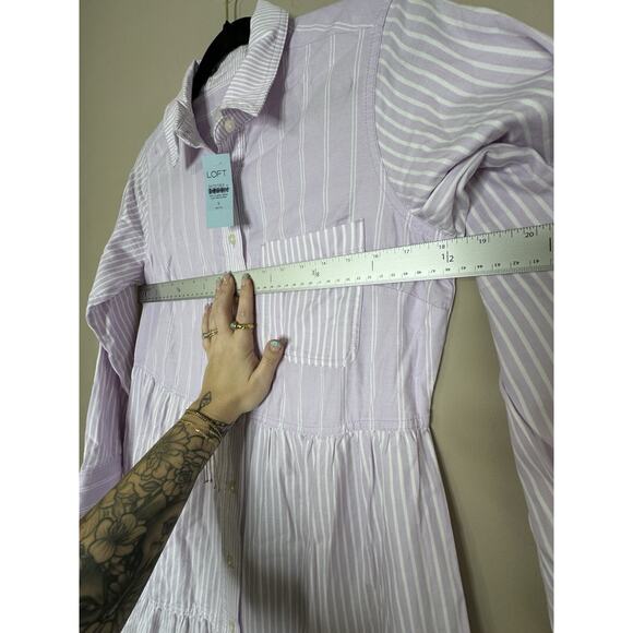 NEW LOFT Light Purple White Stripe Cotton Tiered Pocket Shirtdress Size SP - Picture 8 of 10